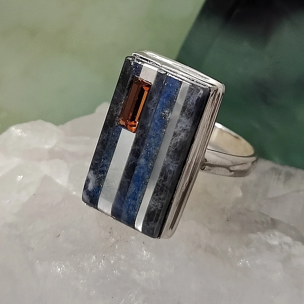 Natural Lapis Lazuli, Pearl & Citrine Ring .925 sz 9 - Picture 8 of 12